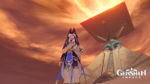 Cyno posing in the desert of Sumeru, in Genshin Impact