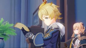 Mika from Genshin Impact, reading aloud from a letter in the Knights of Favonius headquarters. He has short fluffy blond hair with distinctive tufts like a bird's, and wears a blue coat and gloves.