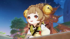 Yaoyao from Genshin Impact, a small girl with large golden bells in her hair, wearing a green vest over a white shirt with puffy sleeves