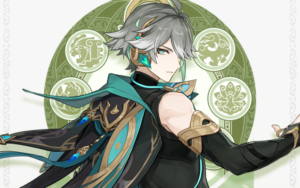 Official artwork of Alhaitham from Genshin Impact, depicting the character - a tall man in black sleeveless clothing with short silver hair, wearing headphones made from gold and turquoise - standing in front of a white and green background