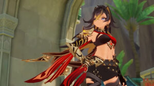 Dehya from Genshin Impact, standing with her hands on her hips in front of an archway. She wears ripped black pants with a large gold belt, and a red-and-black top with an exposed midriff. Her right arm is heavily armored.