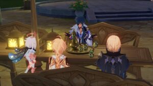 Paimon, Traveler, Kaeya, and Dainsleif, characters from Genshin Impact, seated around a wooden table outside. Kaeya sits facing the other three, and is the only one whose face is visible. He has brown skin, dark blue hair, and an eyepatch covering his right eye.