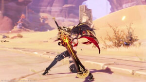 Dehya, a character from Genshin Impact, standing in the desert and swinging a giant black-and-gold claymore. She is wearing ripped black jeans and the upper half of her outfit is comprised of red and black flowy fabric that trails behind her.