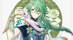 Baizhu from Genshin Impact, standing against a white and green background. He is pale, with long blue-green hair, spectacles, and a white snake wrapped around his throat.