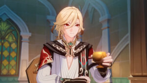 Kaveh, a character from Genshin Impact, sits at a table with a goblet in his hand, smiling. He is pale, with short blond hair, red eyes, and wears a red-and-brown shawl over a loose white tunic with a plunging neckline.