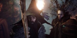 Gandalf and Thranduil from the game Gollum. Gandalf, gray-bearded, wears a heavy fur shawl and pointed hat, and carries a staff. Thranduil, thin with gaunt features, is draped in heavy green robes and wears a crown of branches and dense foliage.