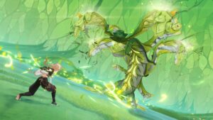 The male version of The Traveler from Genshin Impact, wearing a black-and-gold outfit with a long blond ponytail, facing off against Apep, a giant leafy green dragon under a dome of what looks like green stained glass.