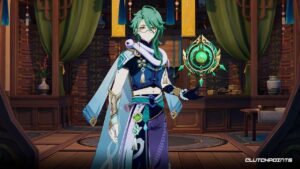 Baizhu from Genshin Impact, standing in the doorway of Bubu Pharmacy. He is tall, with long green hair and spectacles, and a white snake wrapped around his throat. He wears a purple-and-black crop-top, trousers, and a white coat as a cape. A jade orb levitates over his  gloved left hand.