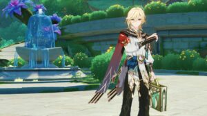 Kaveh from Genshin Impact, standing in Sumeru City in front of a fountain. He has light-blond hair, and wears a billowy white shirt with a red shawl, and carries a suitcase in his left hand.