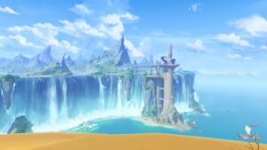 Screenshot of Fontaine, a plateau covered in water, elevated above the ocean. A tower stands at the base of the plateau with its foundations in the ocean, where ships from foreign lands are docked. High in the sky and out at sea, an island floats amidst the clouds.