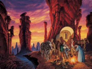 Cover artwork of The Shadow Rising, book four in The Wheel Of Time series, by Darrel K. Sweet. A woman in a blue dress and a few men in brightly-colored coats stand around a fire in a landscape of strange stone pillars jutting into the sunset-streaked sky.