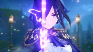 Close-up screenshot of Clorinde in Genshin Impact, surrounded by crackling purple lightning as she holds her sword, glowing purple, up in front of her face. She has short dark purple hair, a tricorn hat, and golden epaulets on a purple uniform with white gloves.