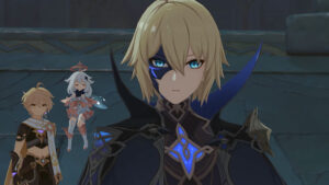 In the foreground stands Dainsleif, a tall man with shaggy blond hair and a dark blue mask covering one half of his face, wearing black with a high collar. Behind him stands the Traveler, with Paimon floating alongside him.