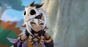 The character of Iansan from the region of Natlan, walking determinedly through a forest underneath a waterfall. She has short shaggy white hair with a black, yellow and purple headband, to which a dragon skull headdress is attached. She has long, elf-like ears and bright green eyes. She is wearing an orange and purple tunic with detached black sleeves and a fur collar, with a necklace of what look like dragon teeth and a large circular medallion.