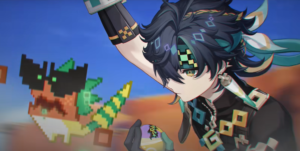 The character of Kinich from the region of Natlan in Genshin Impact, swinging through a canyon. He has shaggy dark-blue hair with blue-green highlights, and green eyes. He is wearing a black short-sleeved shirt under a black sleeveless vest with gold and blue geometric motifs on the front. He has large earrings, and a green-and-gold headband. He is holding an orange-and-purple ball. Beside him flies a dragon rendered in 8-bit animation for no discernible reason, bright orange with green scales and wearing sunglasses.