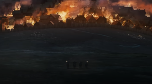 Animated wide shot of the city of Edoras, burning. Four figures on horseback are visible in the foreground, riding away from the city.