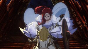 The animated character of Hera in The War Of The Rohirrim, riding a white horse straight towards the camera. She has flame-red hair in a braid, and wears a flowing white gown. She carries a round shield emblazoned with a golden sun. Her horse wears golden armor.